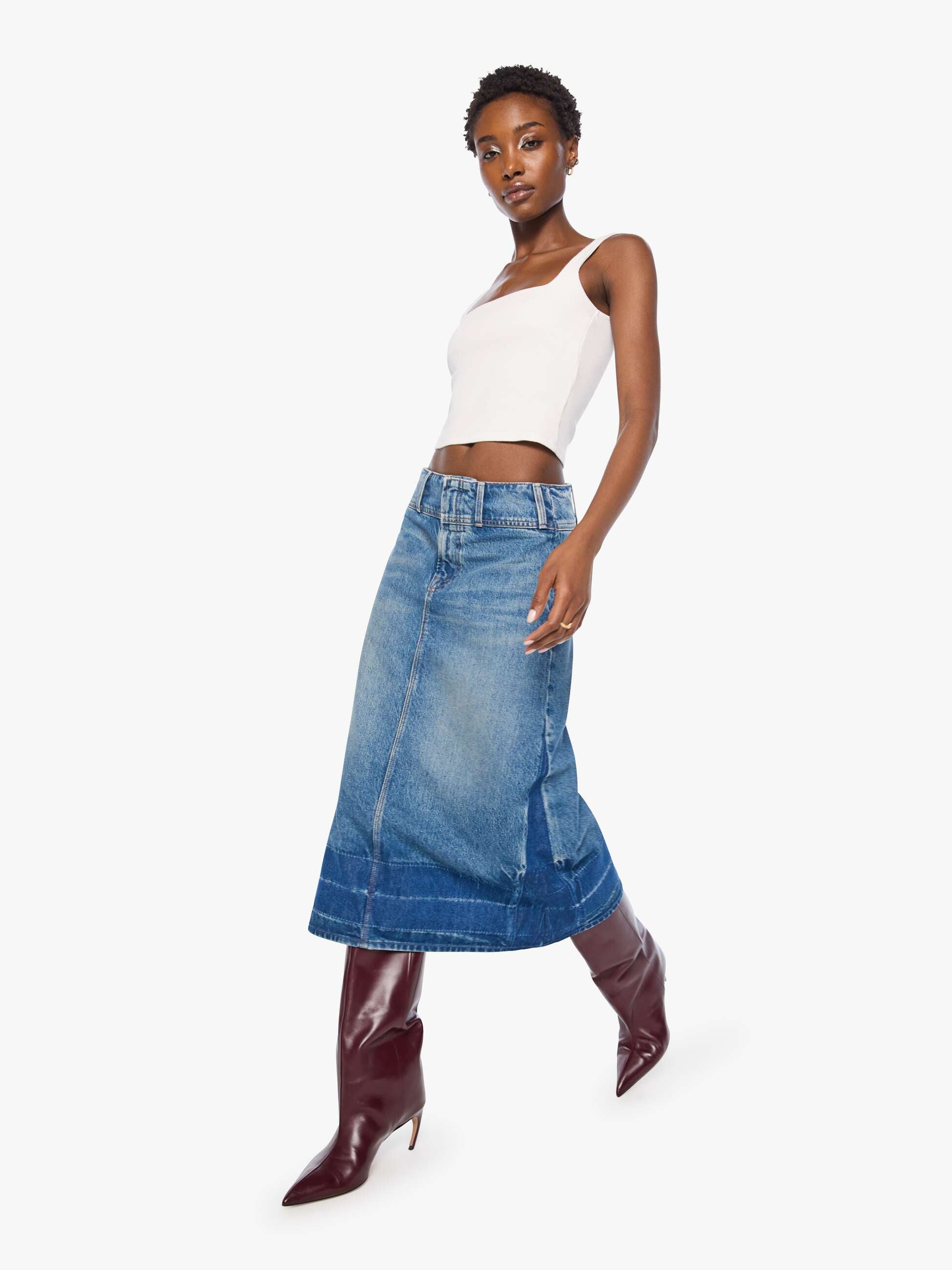 Fortune Cookie Midi  Denim Skirt in Tootsie Wash