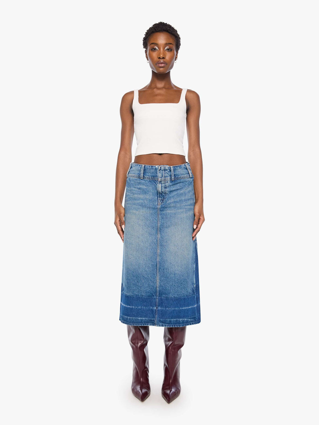 Fortune Cookie Midi  Denim Skirt in Tootsie Wash