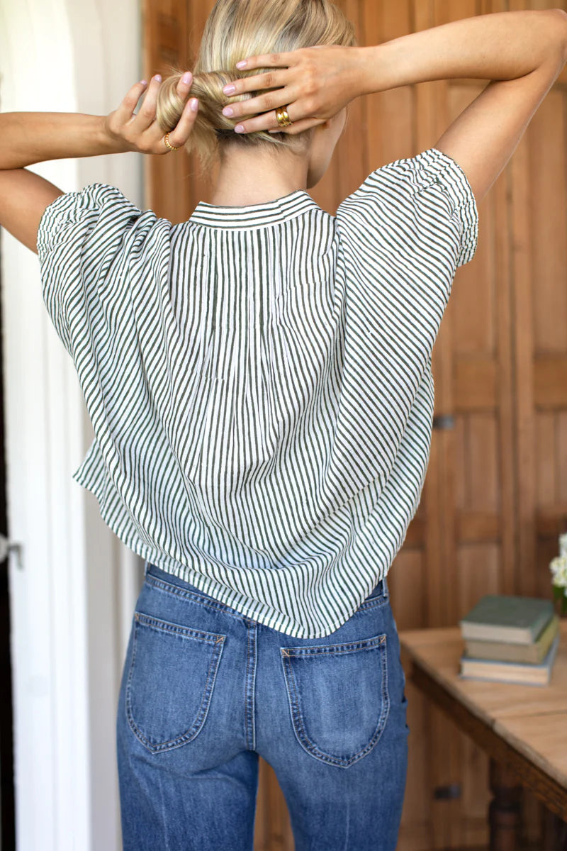 Mandarin Collar Top - Moss Stripe