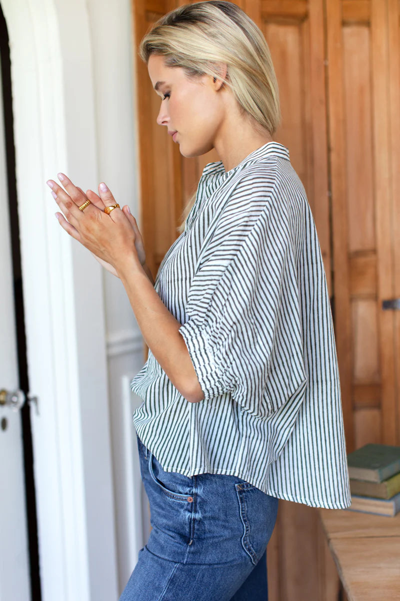 Mandarin Collar Top - Moss Stripe