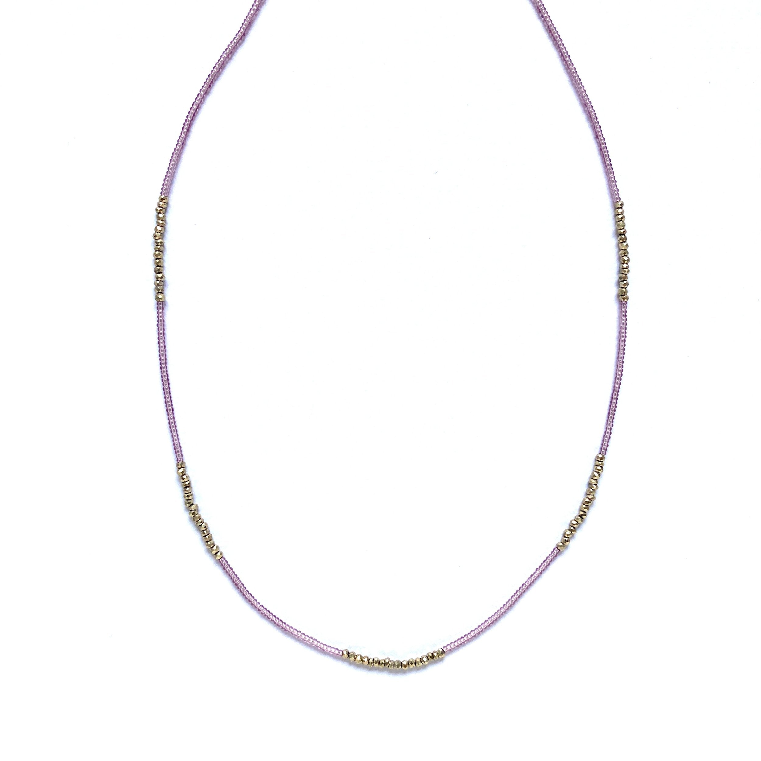 Light Pink Seed Bead and Pyrite Bead Necklace - 16”