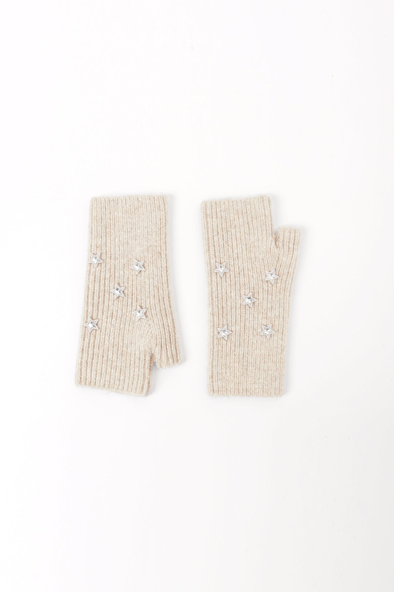 Star Embellished Angora Mittens - Beige