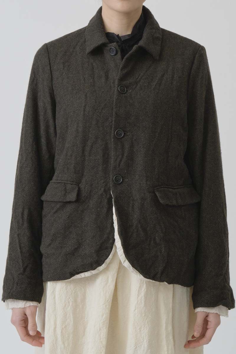 Eco Wool Herringbone Short Jacket - Khaki