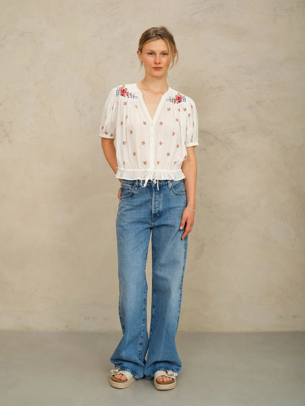 Harlie Emb S/S Top Ecru/Multi