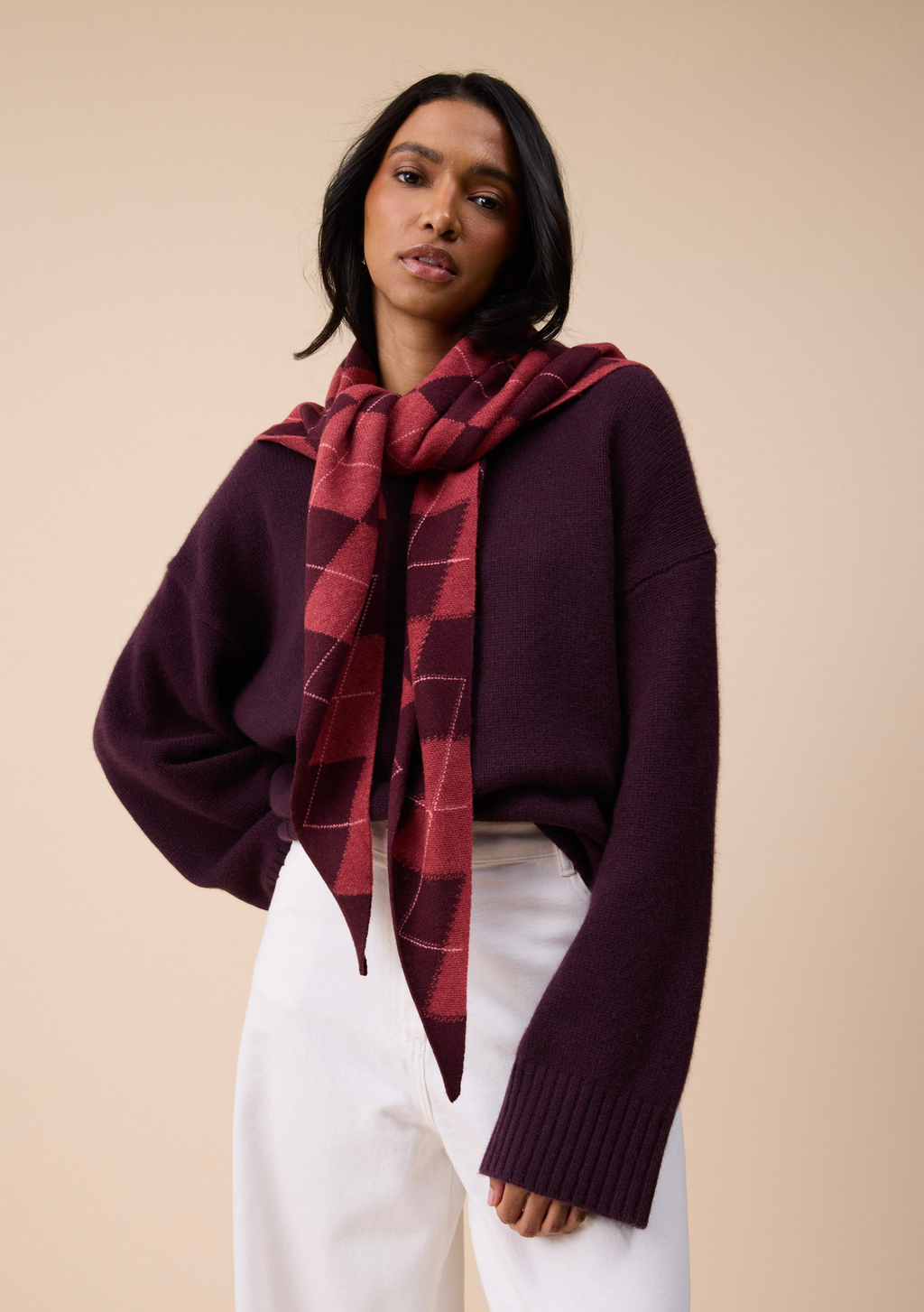 Large Merino Scarf Berry Argyle