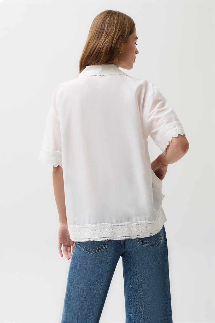 Maliah Silk Blend Camp Shirt W/ Lace Trim