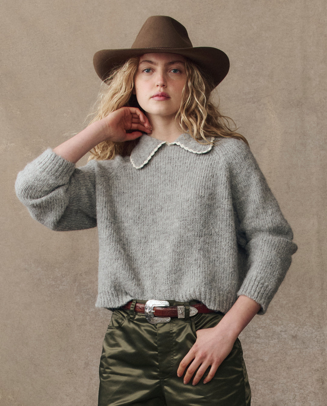The Crochet Collar Pullover - Heather Grey