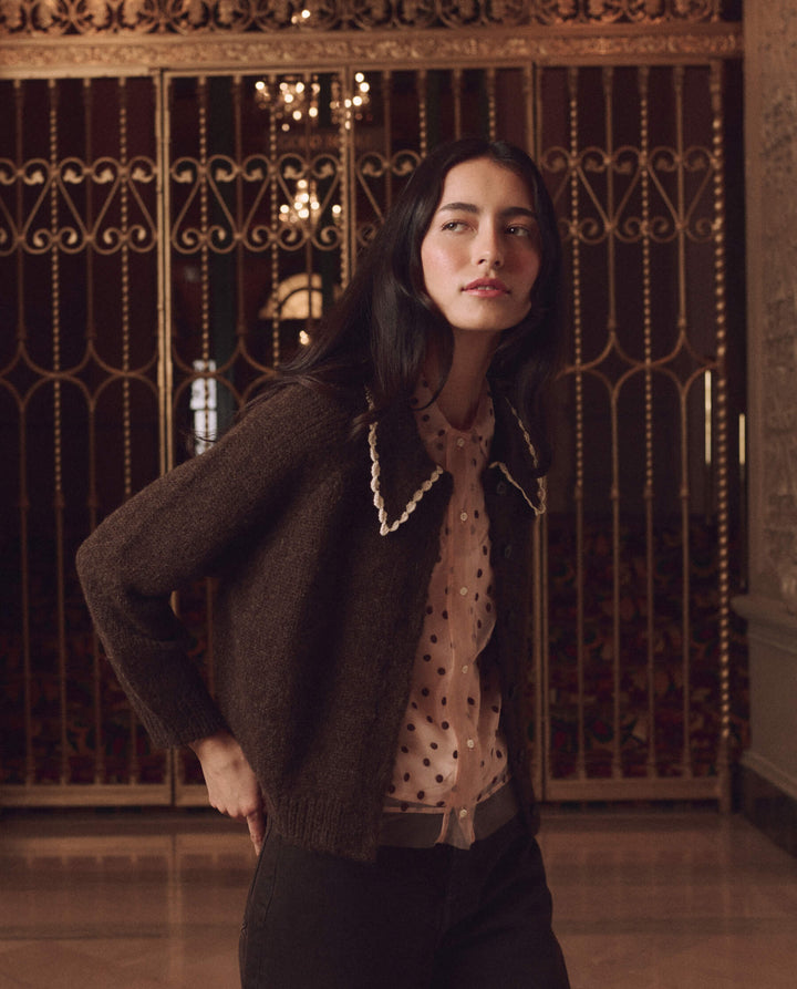 Crochet Collar Cardigan Chocolate Brown