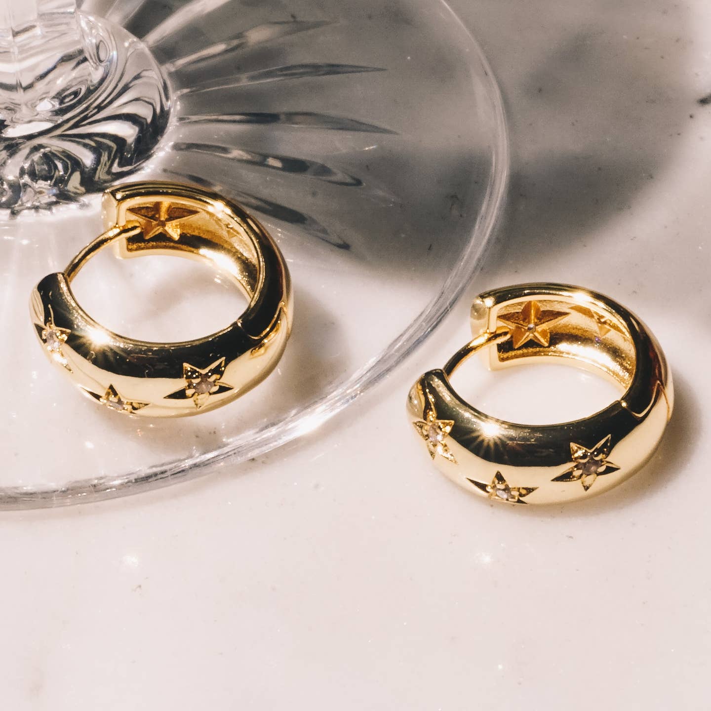 Celestial Hoop Earrings with Stars - 18K Gold Plating