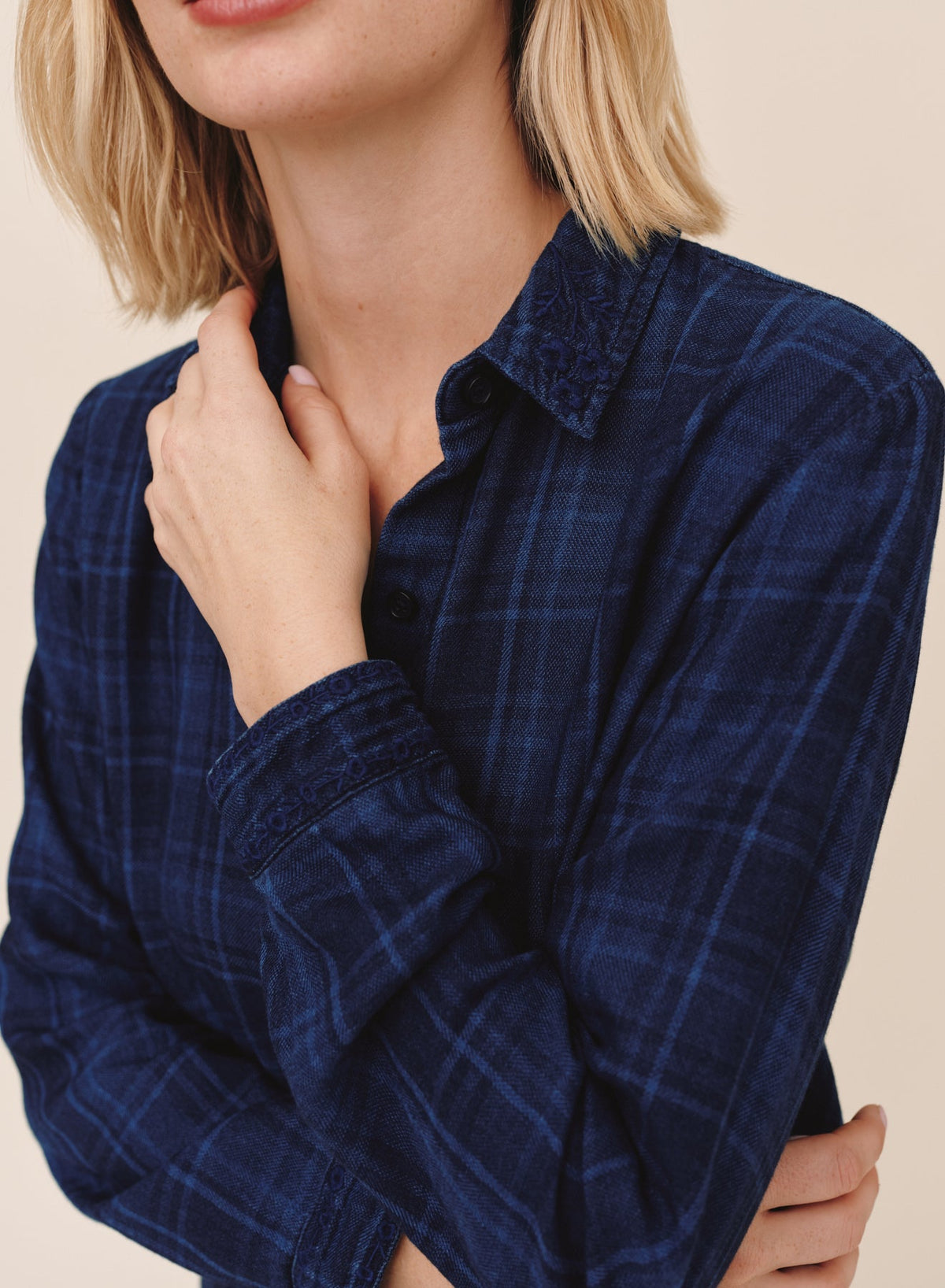 Embroidered Shirt Dark Indigo Plaid