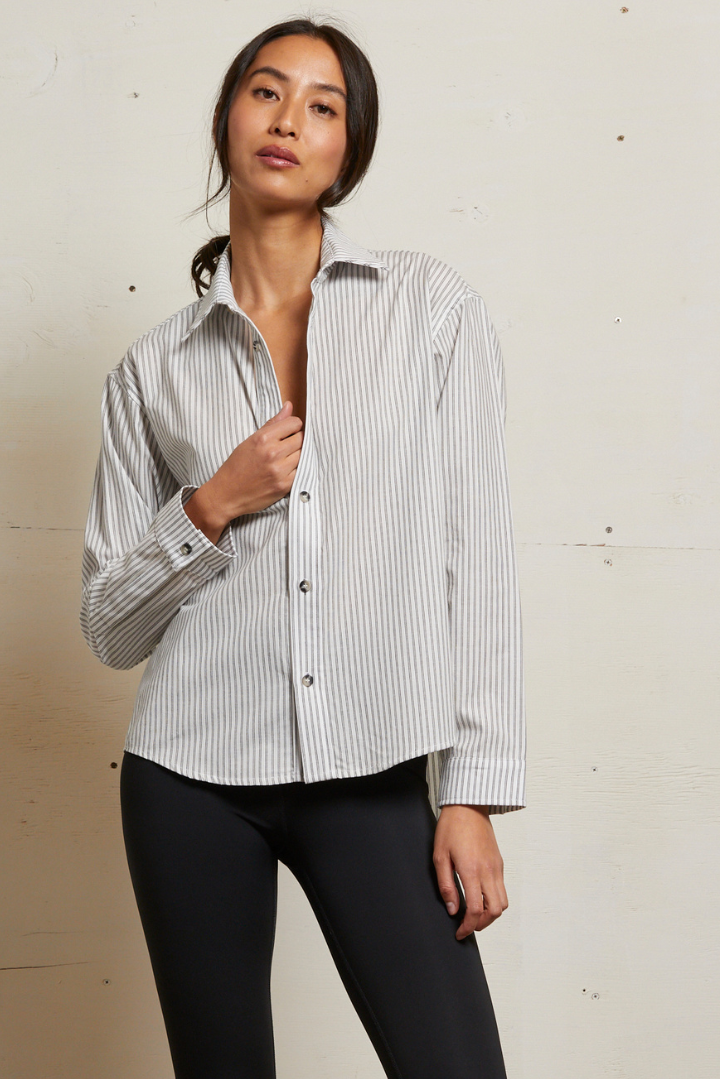 James Poplin Button Down - Ivory/Black Stripe