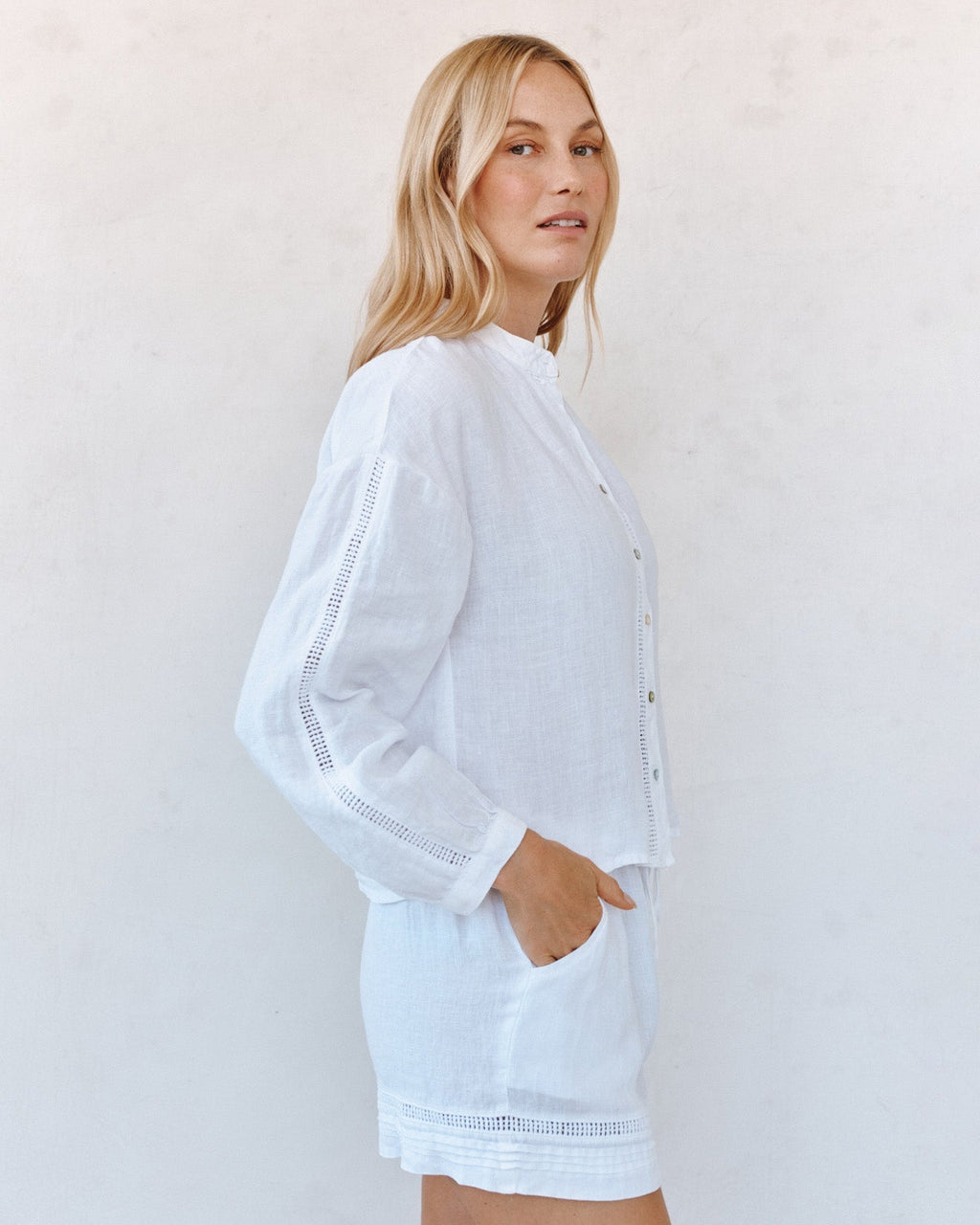 Mandarin Collar Trimmed Button Down