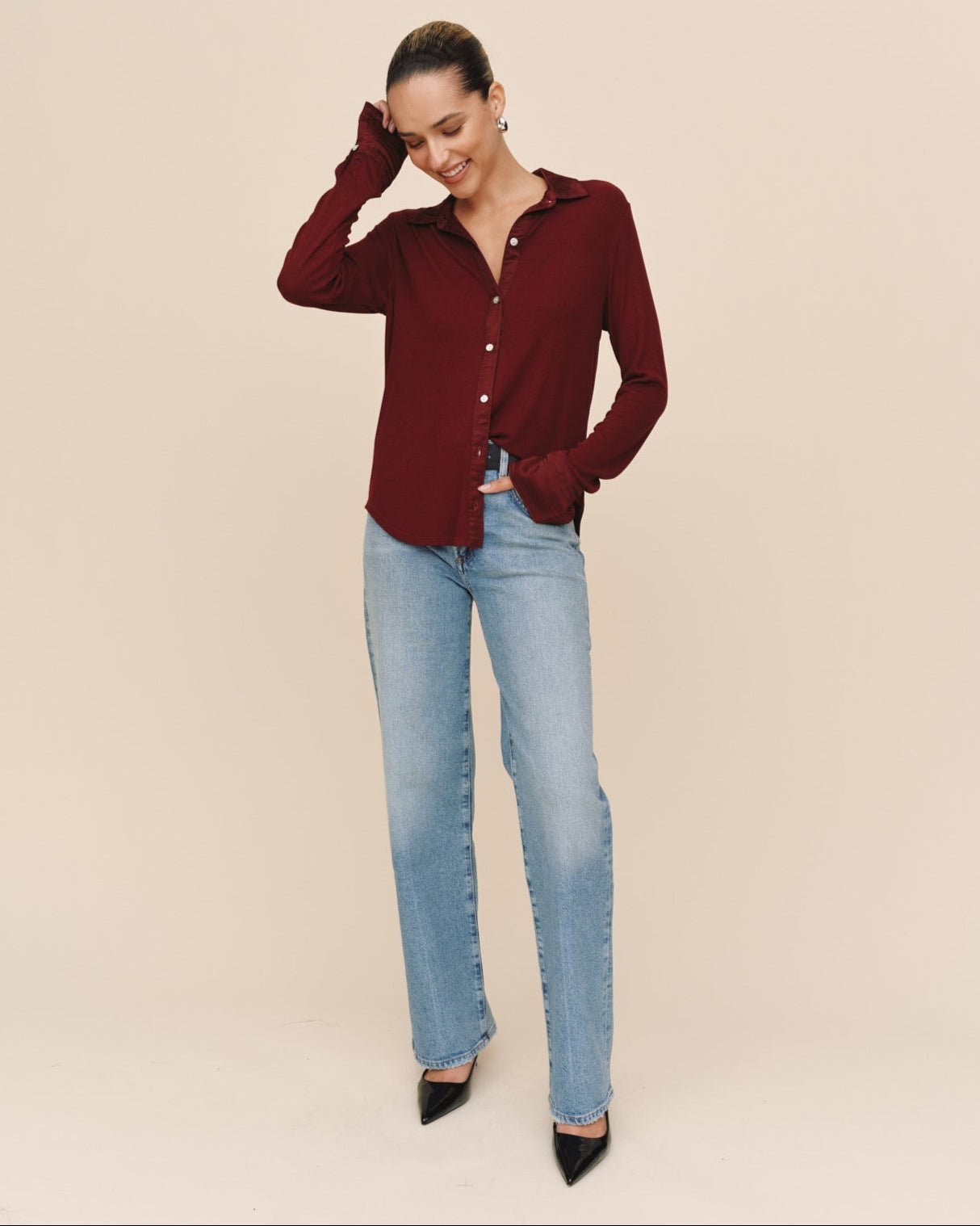Mixed Button Down - Cabernet Red