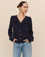 Long Sleeve Ruffle V-Neck Button Up