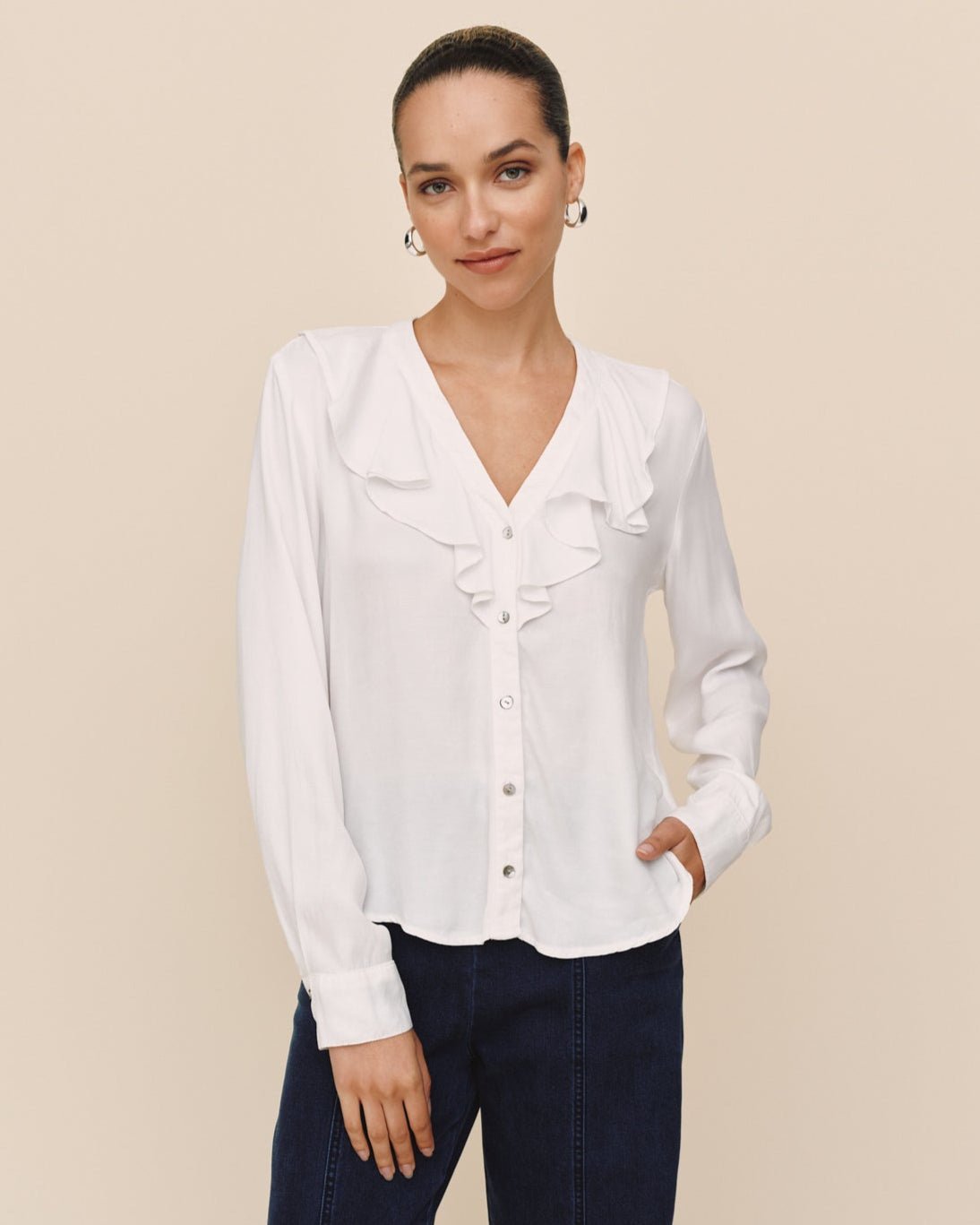 Long Sleeve Ruffle V-Neck Button Up