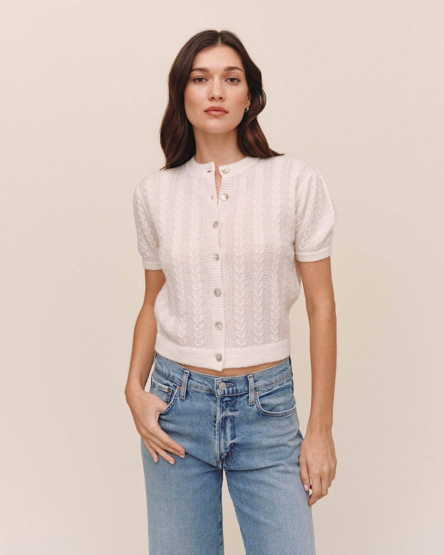 Short Sleeve Cardigan Ivory