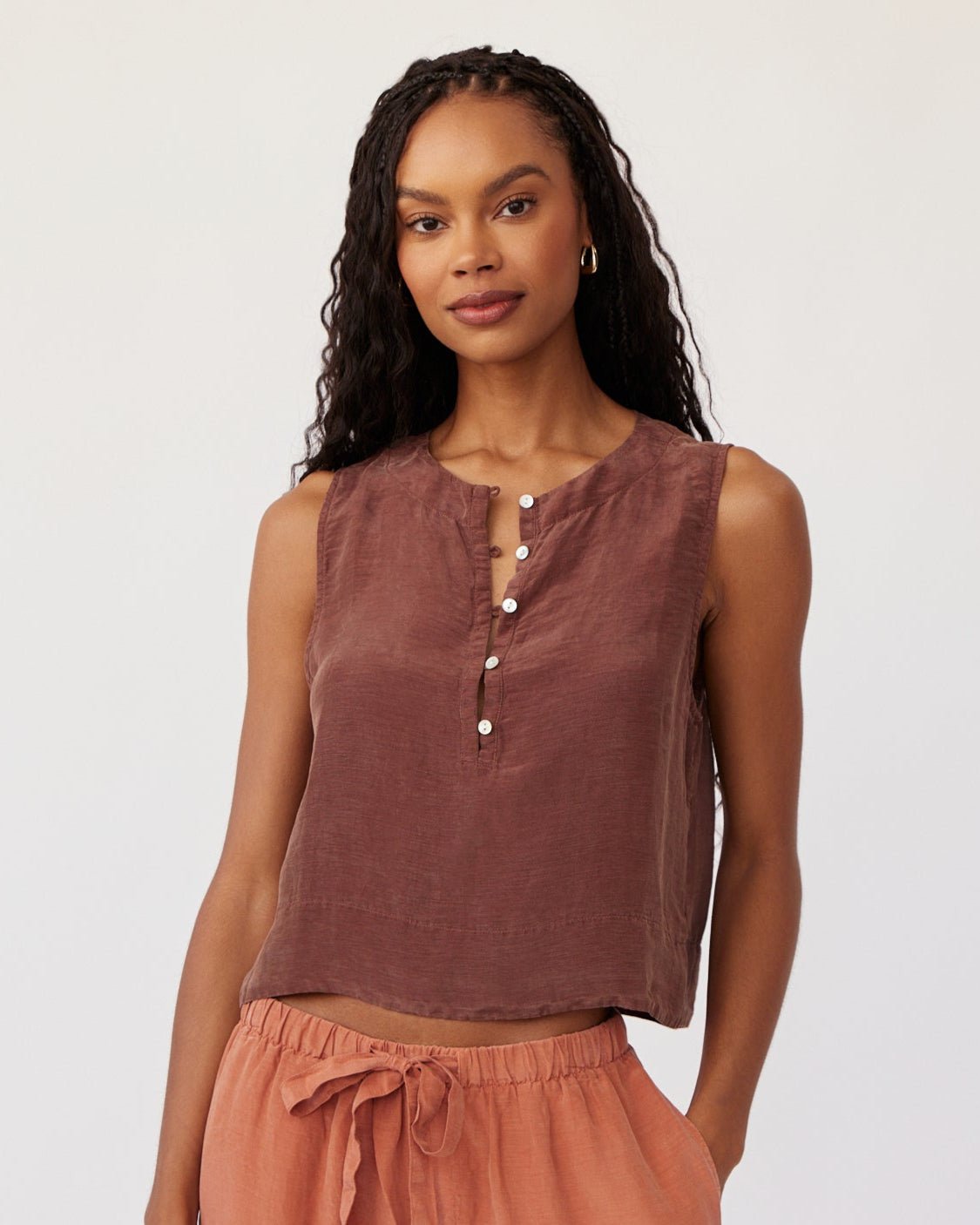 Sleeveless Half Placket Top - Casablanca Brown