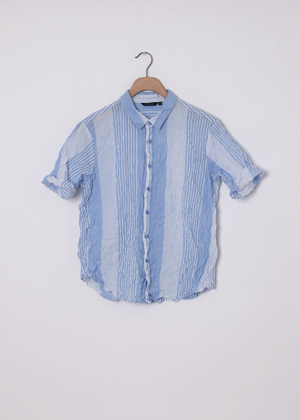 Blue Shirring Stripe Short Sleeve Blouse
